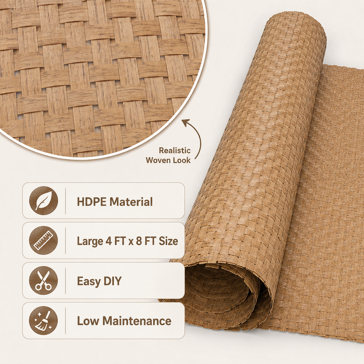 Weathered Natural Bamboo HDPE woven panel with realistic texture, large 4 x 8 ft size, easy DIY use, and low maintenance.