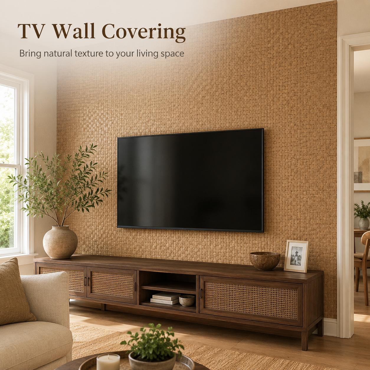Weathered Natural Bamboo wall covering installed behind a television to create a warm woven accent wall in a living room.