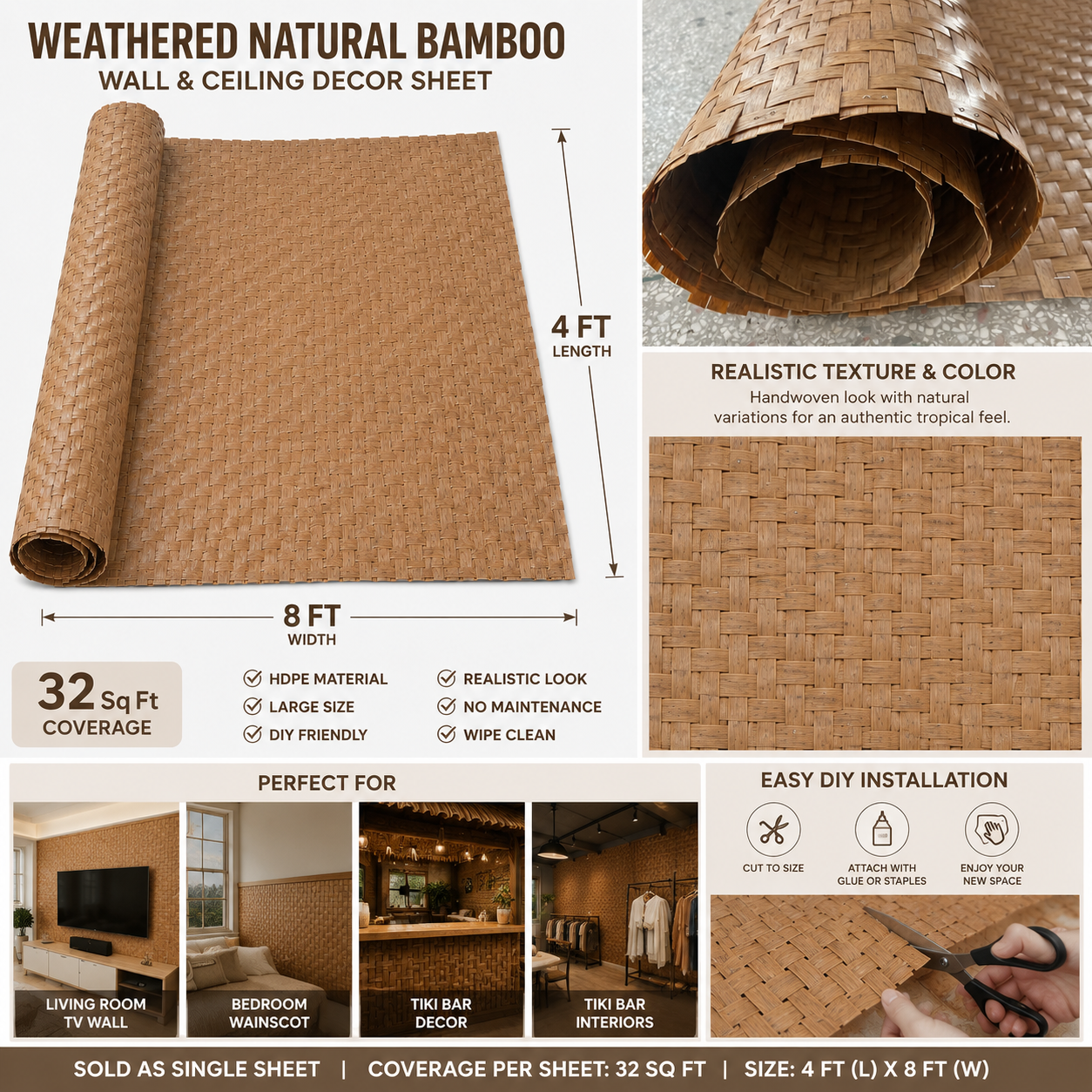 Weathered Natural Bamboo wall and ceiling decor sheet measuring 4 x 8 ft with 32 sq ft coverage, realistic woven texture, and easy DIY installation.