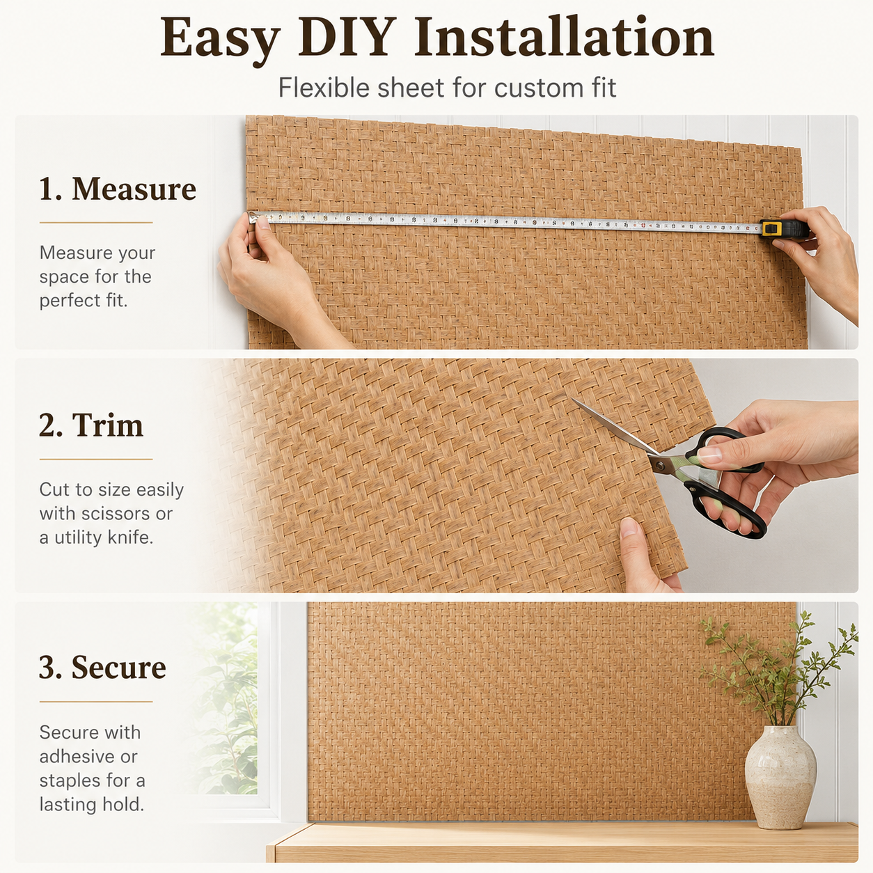 Easy DIY installation of Weathered Natural Bamboo wall panels showing measuring, trimming, and securing with adhesive or staples.