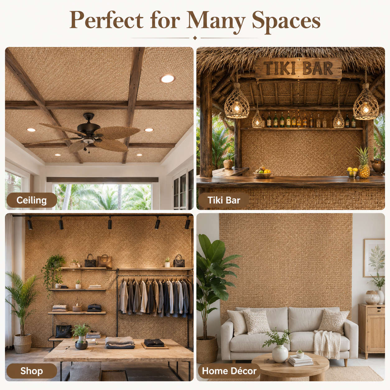 Weathered Natural Bamboo wall panels used for ceiling decor, tiki bars, retail shops, and home accent walls.