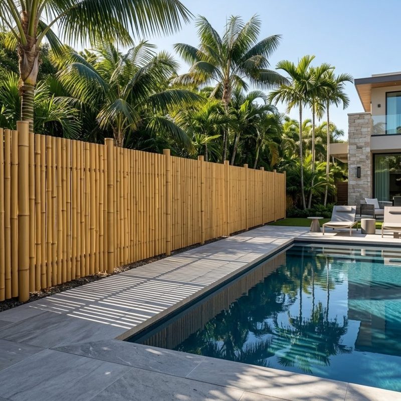 A contemporary outdoor garden featuring a privacy fence made of vertical synthetic bamboo poles, next to a modern swimming pool and minimalist landscaping.
