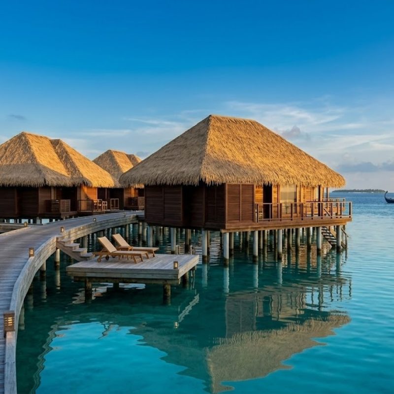 "Luxury overwater bungalow resort with expansive roofs decorated using realistic New banana Synthetic Palm Thatch panels."