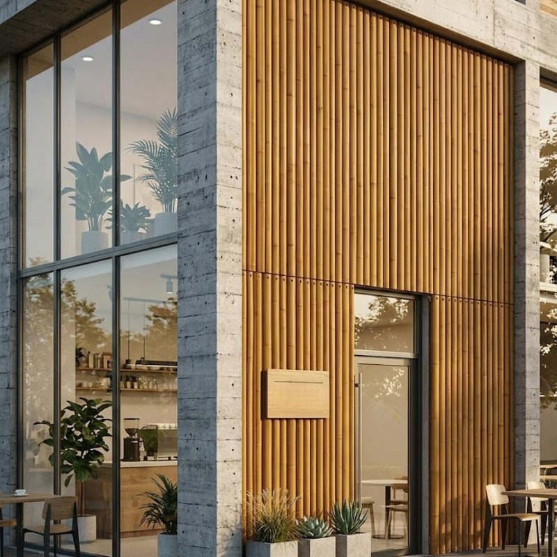 Modern commercial building exterior with synthetic bamboo panel cladding on a main wall.